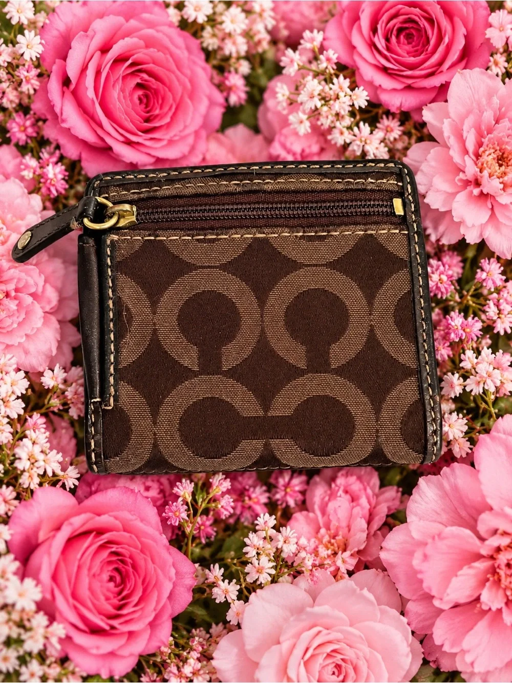 Coach Brown Signature C Pleated Compact Wallet